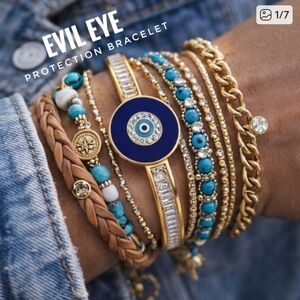 Evil Eye Bracelet – Gold, Crystals, Protective Charm | Good Vibes Only